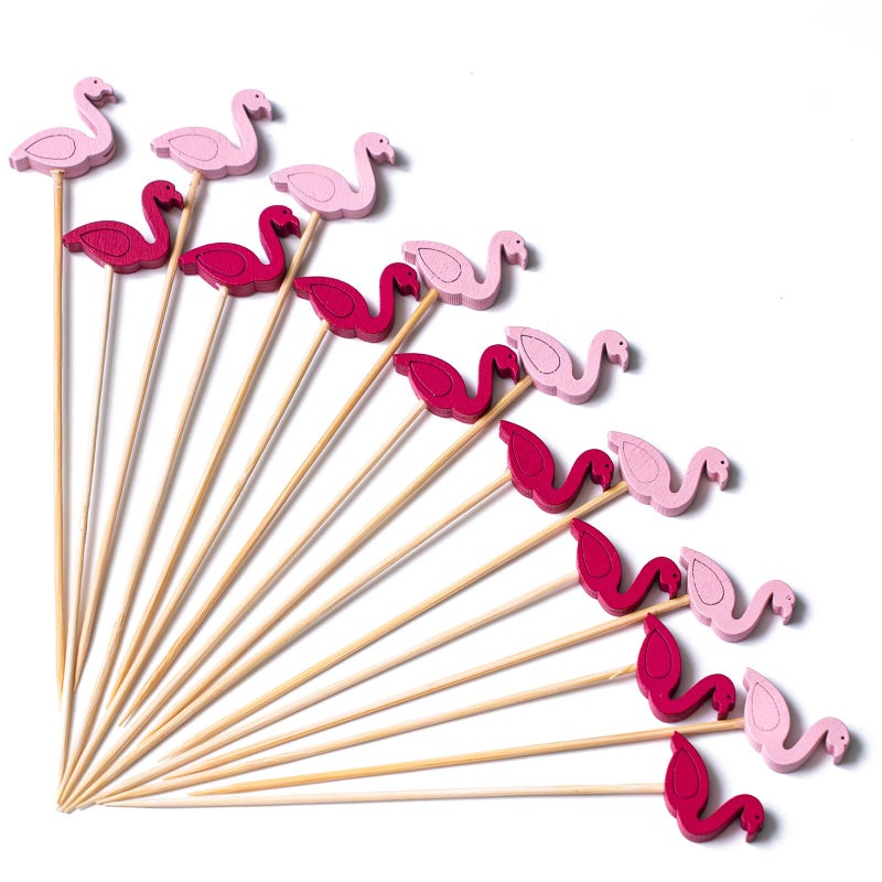 PuTwo Cocktail Picks Handmade Bamboo Toothpicks 100ct 4.7" in Flamingo Decor - Image 1